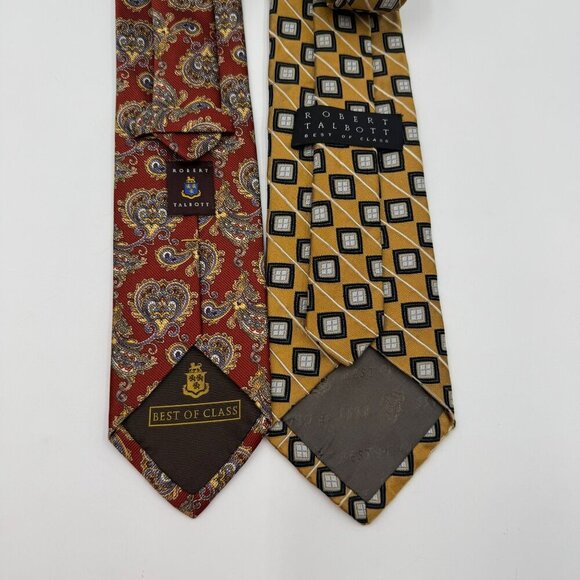 Robert Talbott 100% Silk Two Tie Bundle - Red Paisley & Gold Geometric Patterns - Picture 3 of 7